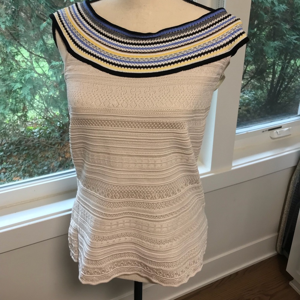 White House Black Market Cream Crochet Tank with Navy, Yellow & Light Blue Trim